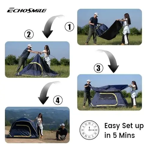 EchoSmile Camping Tent 2/3/4 Person, Waterproof Windproof Rainfly bilan ikki qatlamli, Ryukzak, piyoda, alpinizm, tashqi makon uchun oson o'rnatish - 6
