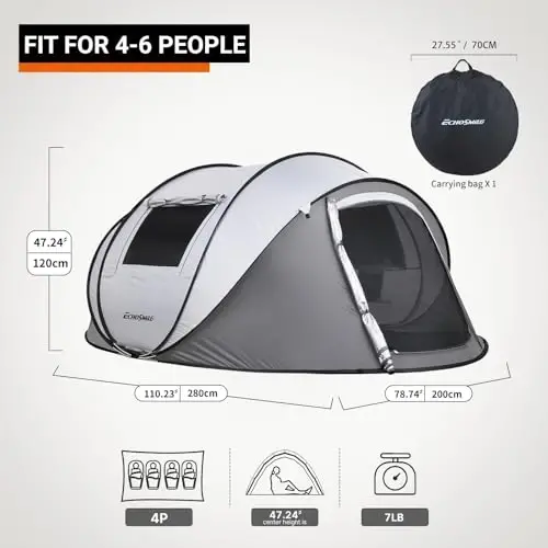 EchoSmile Instant Pop Up Camping Tent, 2/4/6 Person, Easy Setup Tent, Water Resistant Dome, Portable with Carry Bag - ECHOSMILE