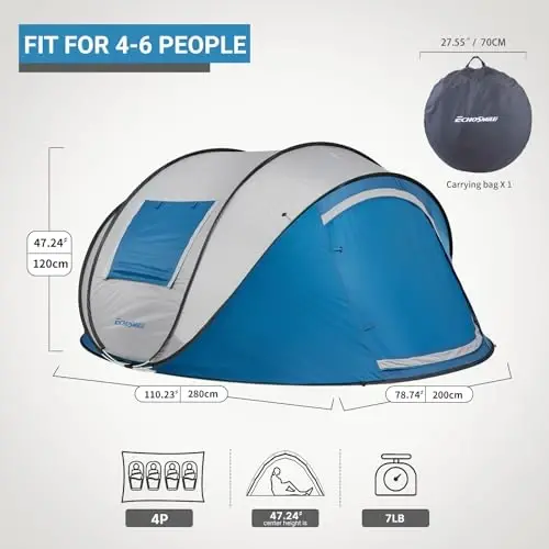 EchoSmile Instant Pop Up Camping Tent, 2/4/6 Person Easy Setup Tent | Water Resistant Dome·Portable with Carry Bag·Fiberglass Frame·Picnic·Camping·Hiking·Fishing - 2