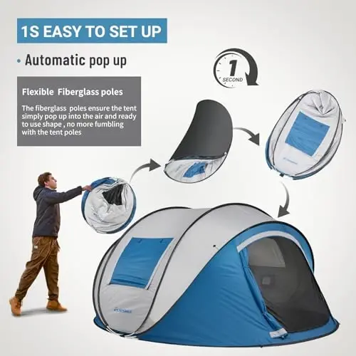 EchoSmile Instant Pop Up Camping Tent, 2/4/6 Person Easy Setup Tent | Water Resistant Dome·Portable with Carry Bag·Fiberglass Frame·Picnic·Camping·Hiking·Fishing - 3