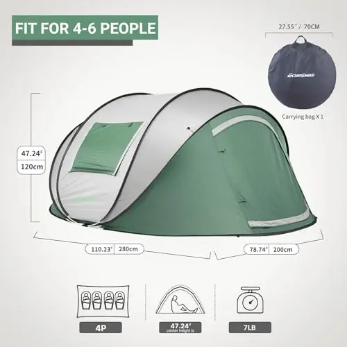 EchoSmile Instant Pop Up Camping Tent, 2/4/6 Person, Easy Setup Tent, Water Resistant Dome, Portable with Carry Bag - 2