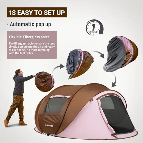 EchoSmile Instant Pop Up Camping Tent, 2/4/6 Person, Easy Setup Tent, Water Resistant Dome, Portable with Carry Bag - 4