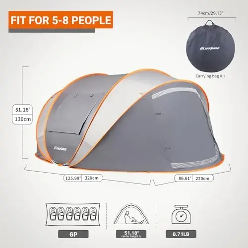 EchoSmile Instant Pop Up Camping Tent, 2/4/6 Person, Easy Setup Tent, Water Resistant Dome, Portable with Carry Bag - 2