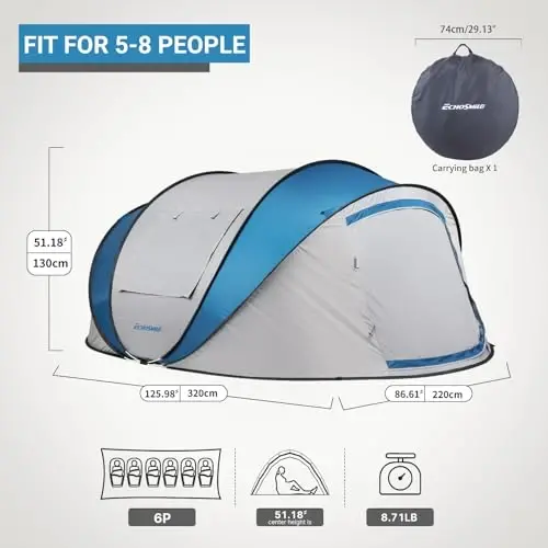 EchoSmile Instant Pop Up Camping Tent, 2/4/6 Person, Easy Setup Tent, Water Resistant Dome, Portable with Carry Bag - ECHOSMILE (1)