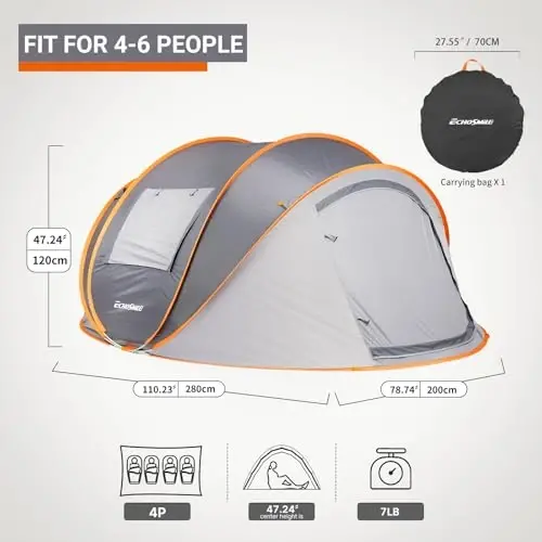 EchoSmile Instant Pop Up Camping Tent, 2/4/6 Person, Easy Setup Tent, Water Resistant Dome, Portable with Carry Bag - ECHOSMILE (1)