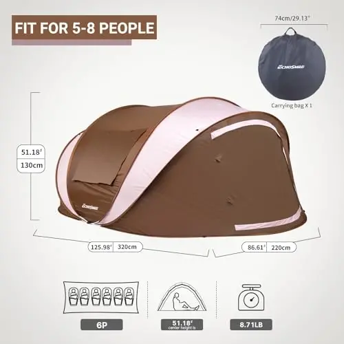 EchoSmile Instant Pop Up Camping Tent, 2/4/6 Person Easy Setup Tent | Water Resistant Dome·Portable with Carry Bag·Fiberglass Frame·Picnic·Camping·Hiking·Fishing - ECHOSMILE (1)