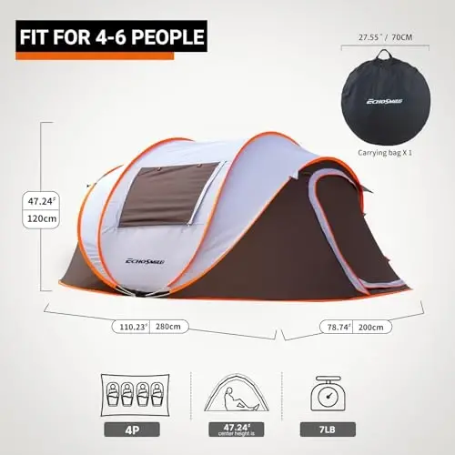 EchoSmile Instant Pop Up Camping Tent, 2/4/6 Person, Easy Setup Tent, Water Resistant Dome, Portable with Carry Bag - 2
