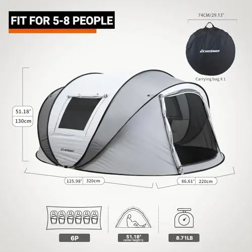 EchoSmile Instant Pop Up Camping Tent, 2/4/6 Person, Easy Setup Tent, Water Resistant Dome, Portable with Carry Bag - 2