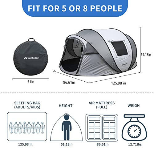 EchoSmile Instant Pop Up Camping Tent, 2/4/6 Person, Easy Setup Tent, Water Resistant Dome, Portable with Carry Bag - 4