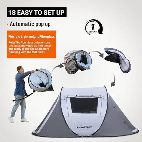 EchoSmile Instant Pop Up Camping Tent, 2/4/6 Person, Easy Setup Tent, Water Resistant Dome, Portable with Carry Bag - 2