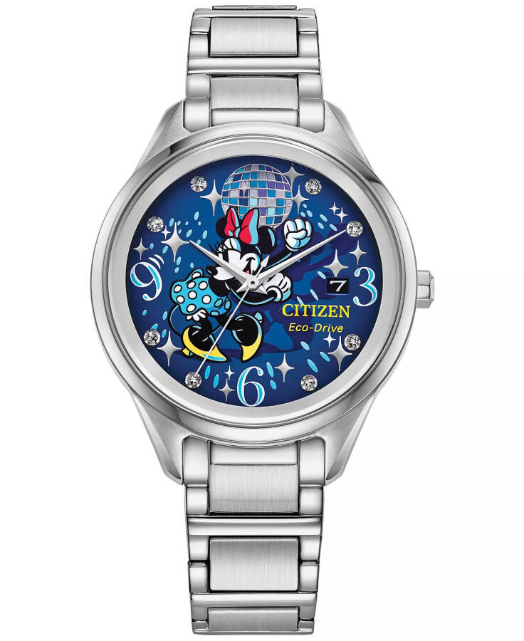 Eco-Drive Ayollar Disney Disco Minnie Mouse Zanglamaydigan Po'lat Bilaguch Soati 37mm Kumush Rang - 1