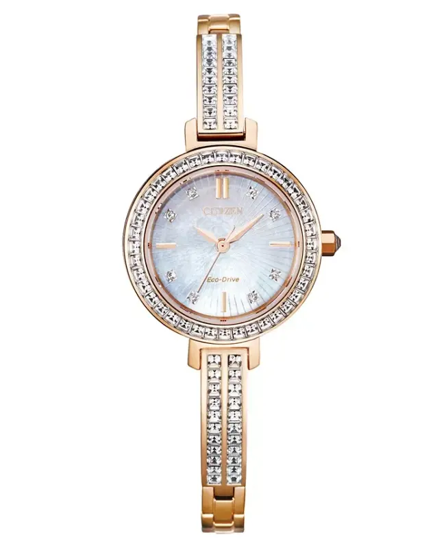 Eco-Drive Ayollar uchun pushti oltin rangli zanglamaydigan po'lat va kristalli bilaguzukli soat 25mm-pushti oltin rangli - 1