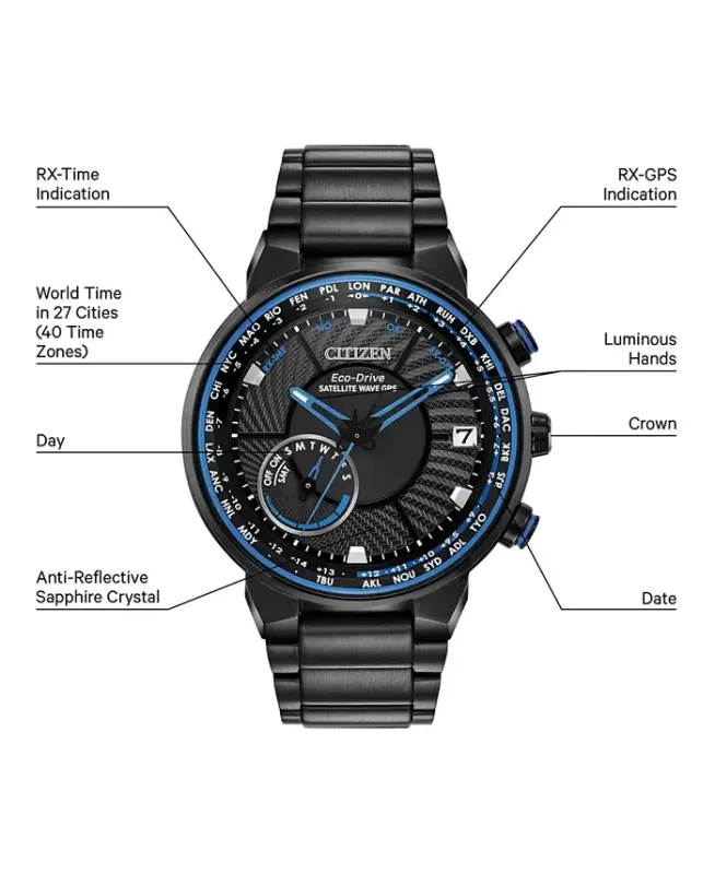 Eco-Drive erkaklar sun'iy yo'ldosh to'lqin GPS qora rangli zanglamaydigan po'lat bilaguzuk soati 44mm-Qora - 7