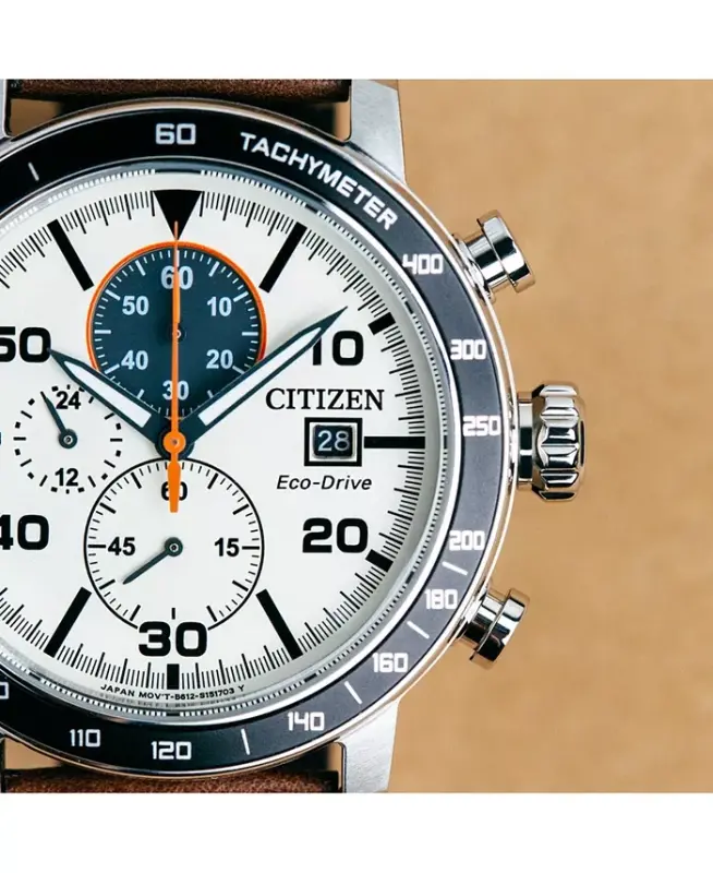 Eco-Drive erkaklar xronografi jigarrang charm tasma soati 44mm-jigarrang - 6