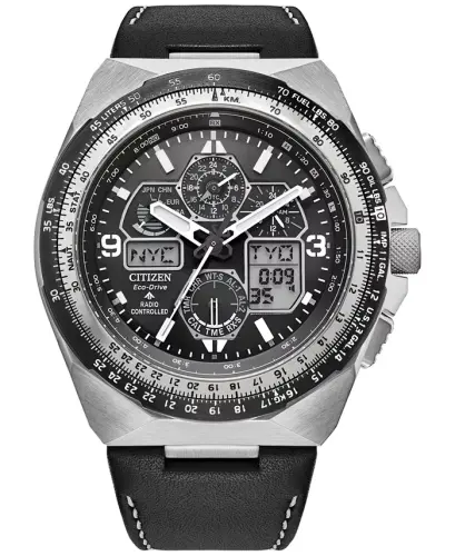 Eco-Drive erkaklar xronografi Promaster Skyhawk qora charm kamarli soat 46mm-qora - 1