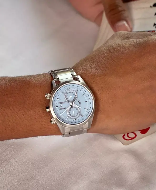 Eco-Drive erkaklar xronografi Sport Luxury Radio Control zanglamaydigan po'lat bilaguzuk soati 43mm-kumush rang - 5