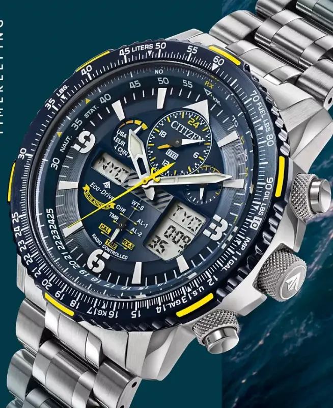 Eco-Drive Erkek Analog-Dijital Promaster Blue Angels Skyhawk A-T Paslanmaz Çelik Bilezik Saat 46mm-Gümüş - 3