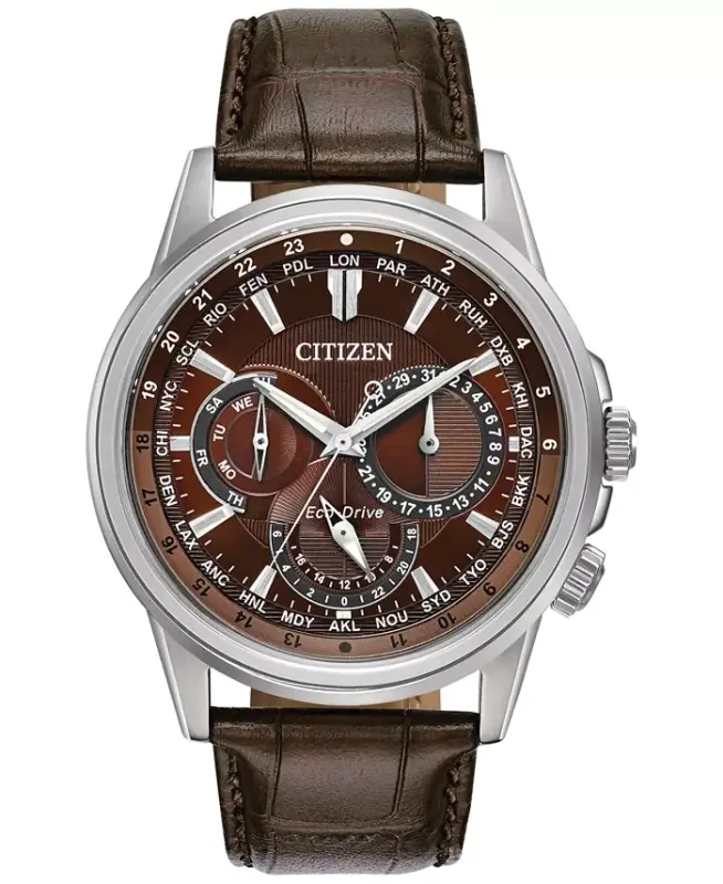 Eco-Drive Men's Calendrier Brown Leather Strap Watch 44mm - Brown - 1