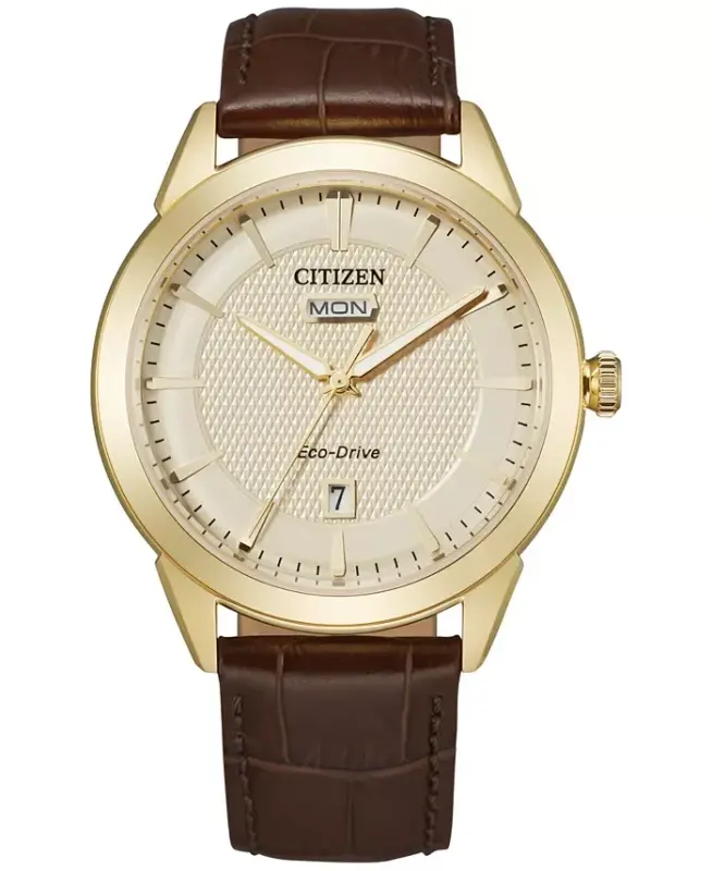 Eco-Drive Men's Corso Brown Leather Strap Watch 40mm - Gold - CITIZEN