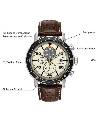 Eco-Drive Men's Chronograph Brown Leather Strap Watch 44mm - Brown - 8