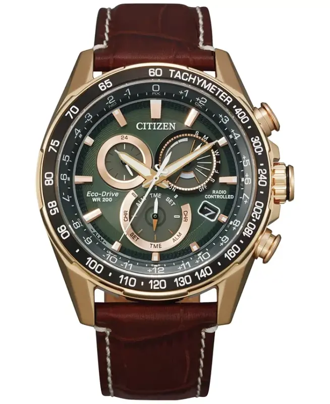 Eco-Drive Men's Chronograph PCAT Brown Leather Strap Watch 43mm - Gold - CITIZEN