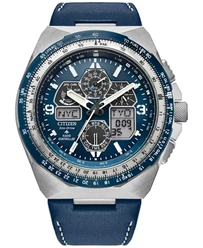 Eco-Drive Men's Chronograph Promaster Skyhawk Blue Leather Strap Watch 46mm - Blue - 1