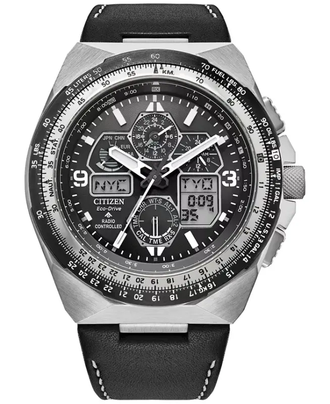 Eco-Drive Men's Chronograph Promaster Skyhawk Black Leather Strap Watch 46mm - Black - 1