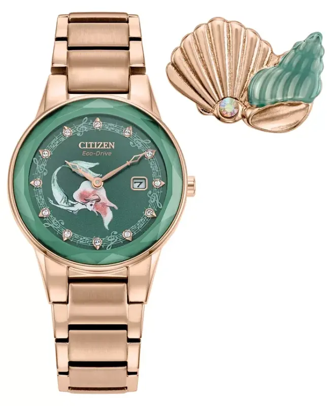 Eco-Drive Women's Disney Princess Ariel Rose Gold-Tone Stainless Steel Bracelet Watch 30mm Gift Set-Rose Gold-tone - 1
