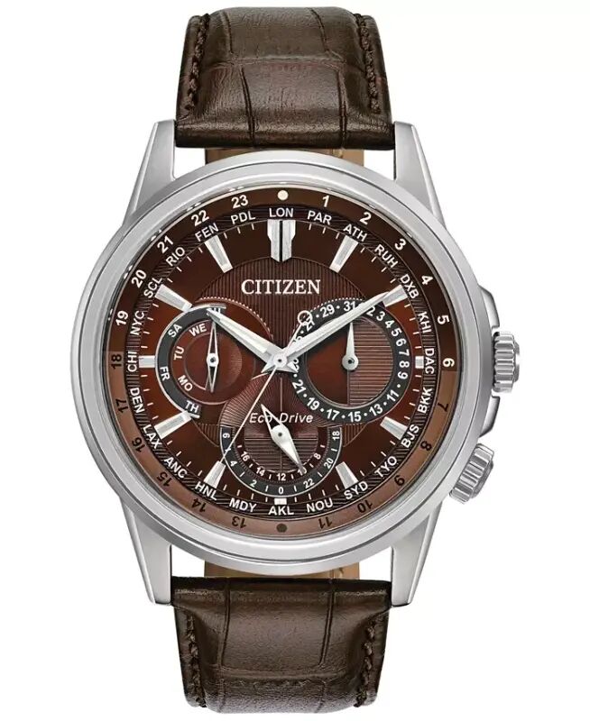Eco-Drive Men's Calendrier Brown Leather Strap Watch 44mm-Brown - 1