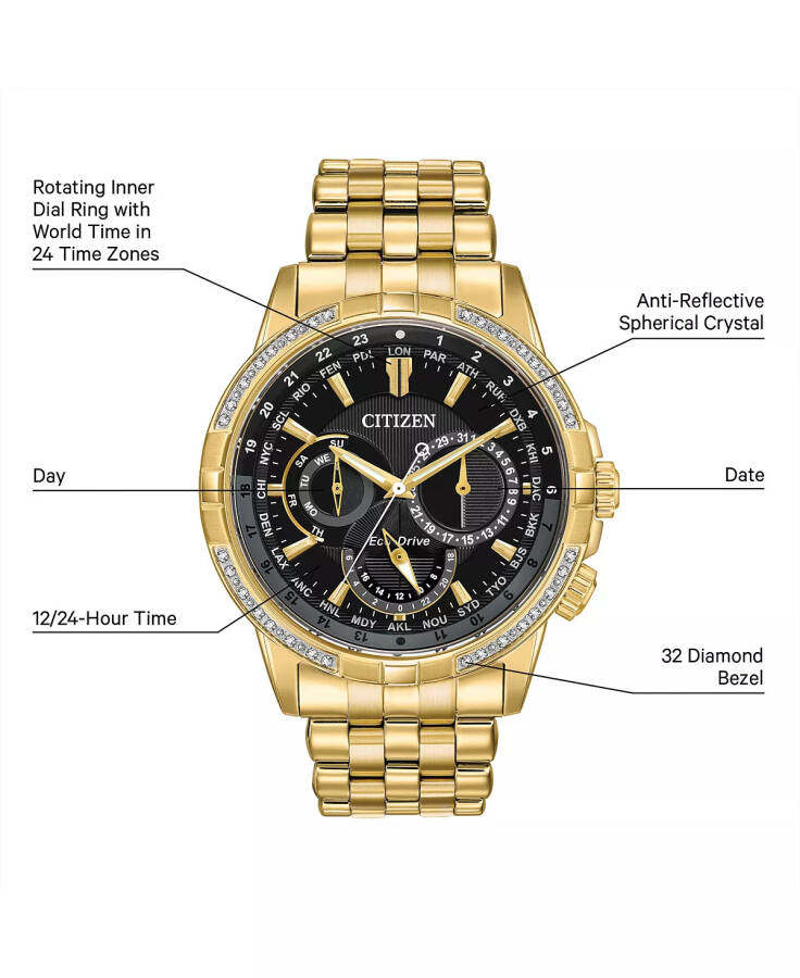 Eco-Drive Men's Calendrier Diamond-Accent Gold-Tone Stainless Steel Bracelet Watch 44mm Gold Tone - 9