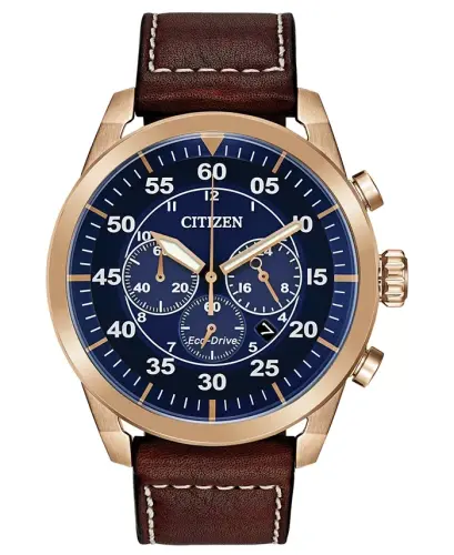 Eco-Drive Men's Chronograph Avion Brown Leather Strap Watch 48mm-Brown - 1
