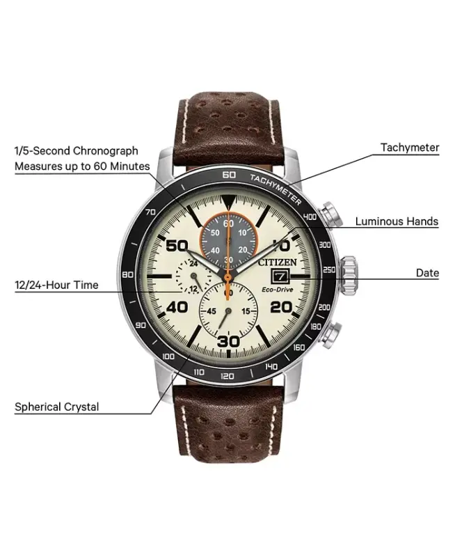 Eco-Drive Men's Chronograph Brown Leather Strap Watch 44mm-Brown - 8