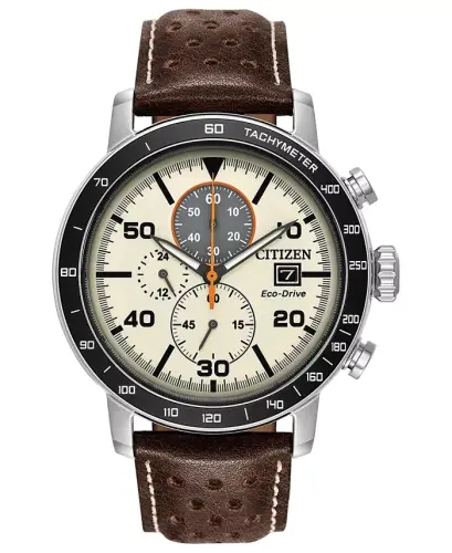 Eco-Drive Men's Chronograph Brown Leather Strap Watch 44mm-Brown - 1