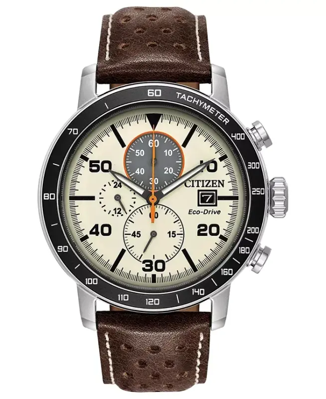 Eco-Drive Men's Chronograph Brown Leather Strap Watch 44mm-Brown - 1