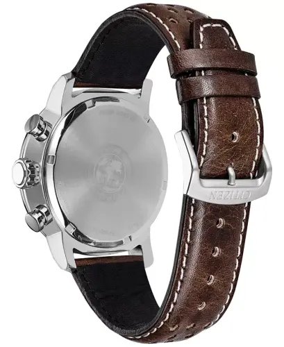Eco-Drive Men's Chronograph Brown Leather Strap Watch 44mm-Brown - 4