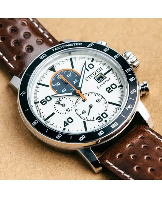 Eco-Drive Men's Chronograph Brown Leather Strap Watch 44mm-Brown - 7