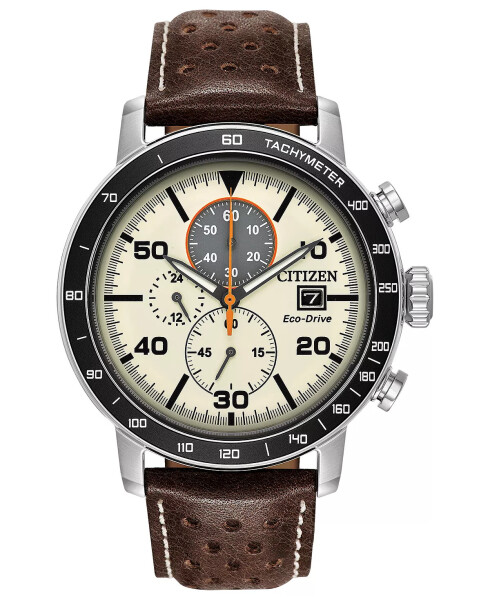 Eco-Drive Men's Chronograph Brown Leather Strap Watch 44mm Brown - 1