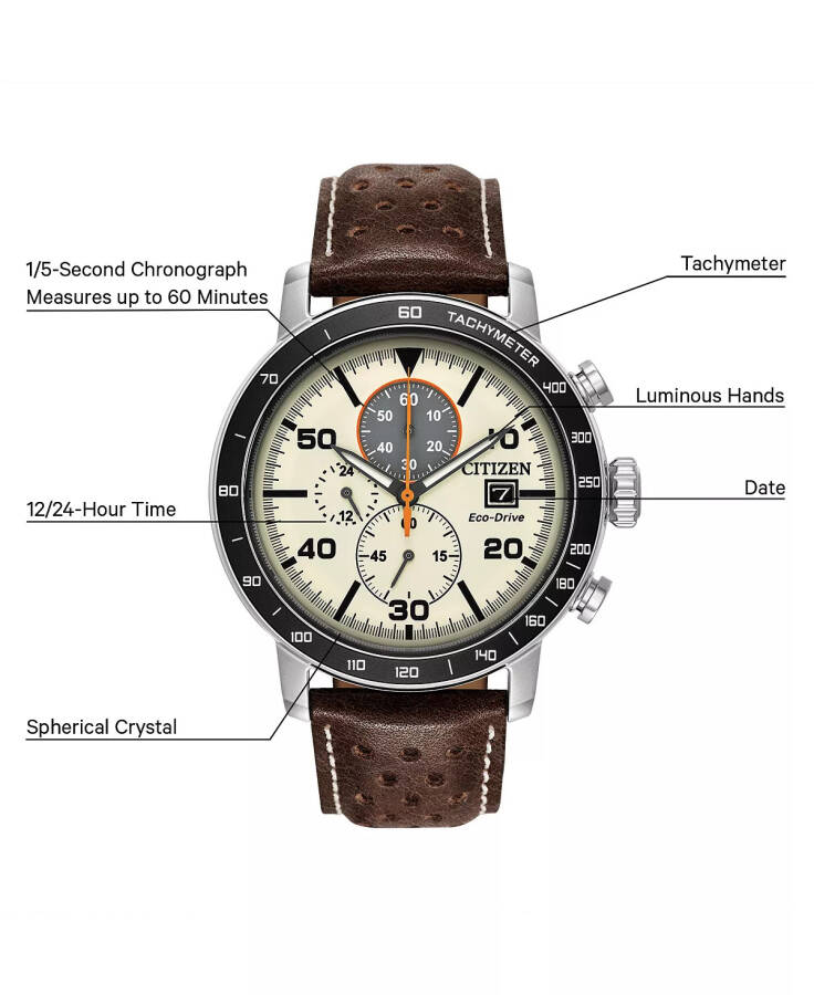 Eco-Drive Men's Chronograph Brown Leather Strap Watch 44mm Brown - 8