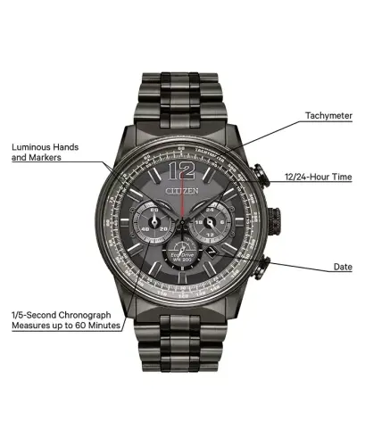 Eco-Drive Men's Chronograph Nighthawk Gray Stainless Steel Bracelet Watch 43mm-Grey - 9