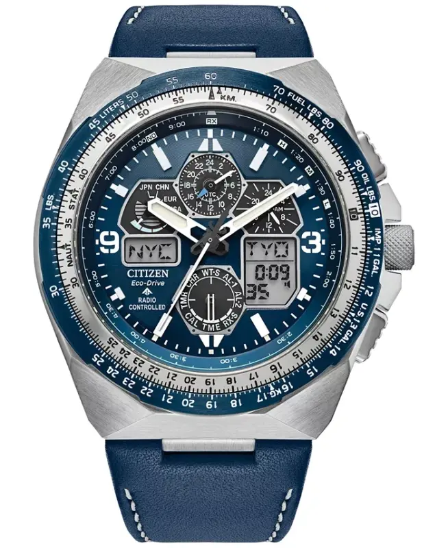 Eco-Drive Men's Chronograph Promaster Skyhawk Blue Leather Strap Watch 46mm-Blue - 1