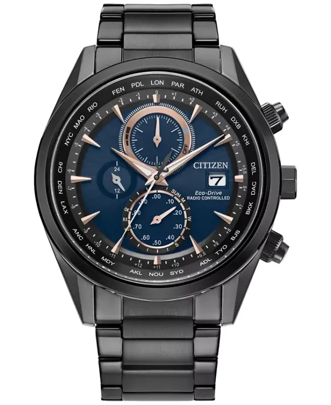 Eco-Drive Men's Chronograph Sport Luxury Radio Control Black-Tone Stainless Steel Bracelet Watch 43mm-Black - CITIZEN