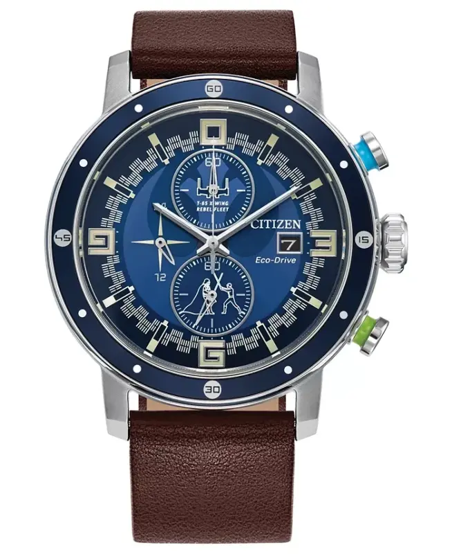 Eco-Drive Men's Chronograph Star Wars Luke Skywalker Brown Leather Strap Watch 44mm-Blue - 1