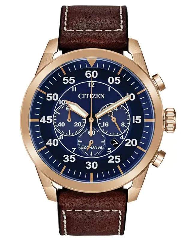 Eco-Drive Men's Chronograph Avion Brown Leather Strap Watch 48mm-Brown - CITIZEN