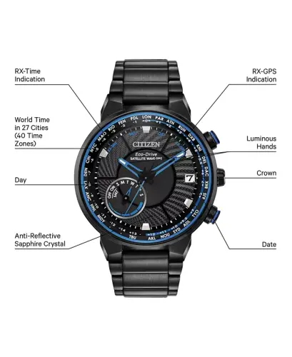 Eco-Drive Мужские Satellite Wave GPS Black-Tone Stainless Steel Bracelet Watch 44mm-Black - 7