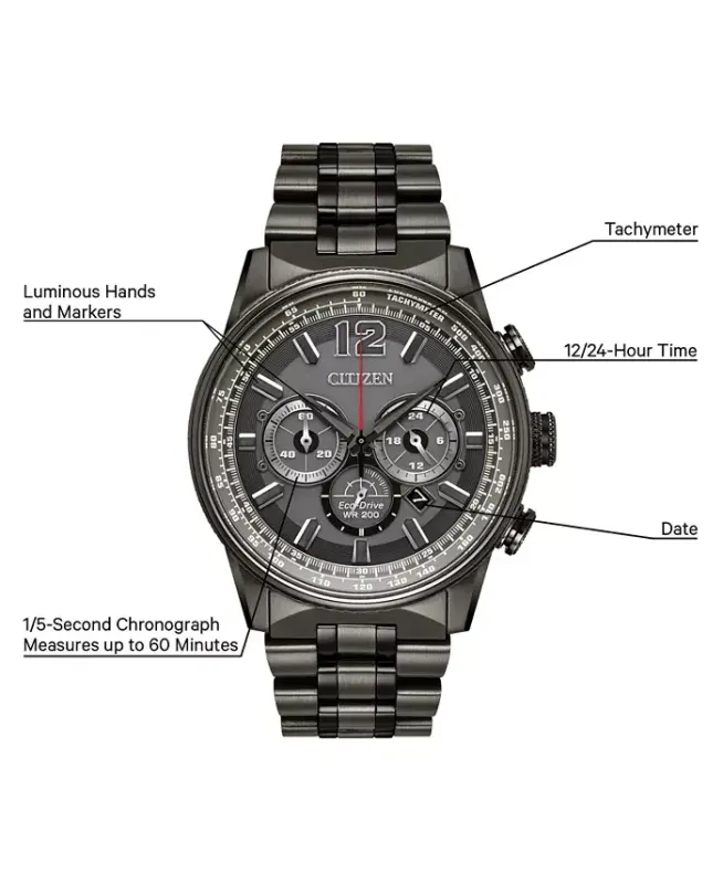 Eco-Drive Мужской Хронограф Nighthawk Серый Браслет из Нержавеющей Стали 43 мм-Серый - 9