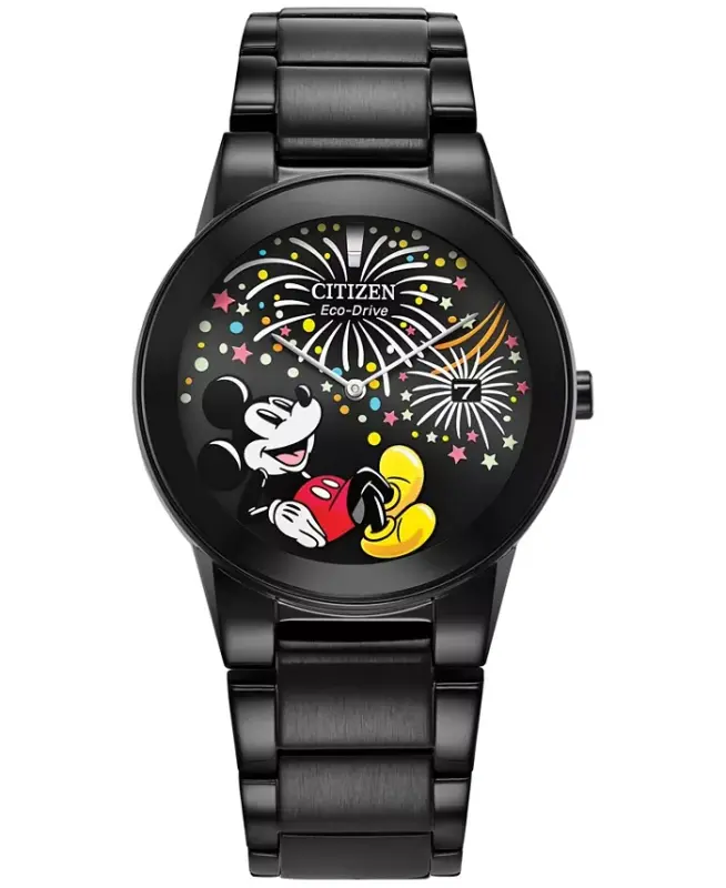 Eco-Drive Unisex Disney Mickey Mouse Black Stainless Steel Bracelet Watch 40mm-Black - 1