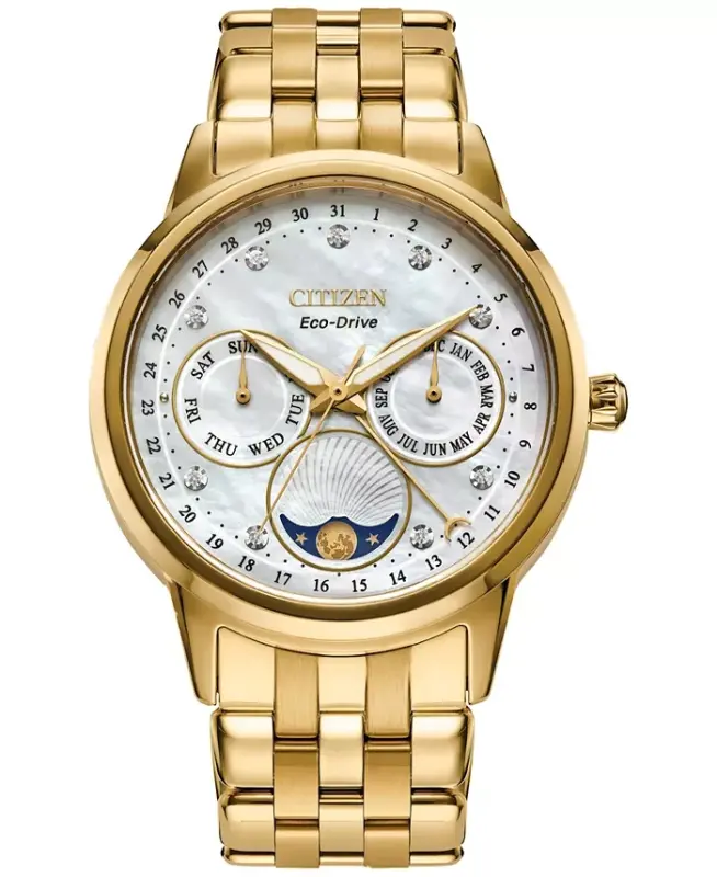 Eco-Drive Women's Calendrier Diamond-Accent Gold-Tone Stainless Steel Bracelet Watch 37mm-Silver-tone - 1