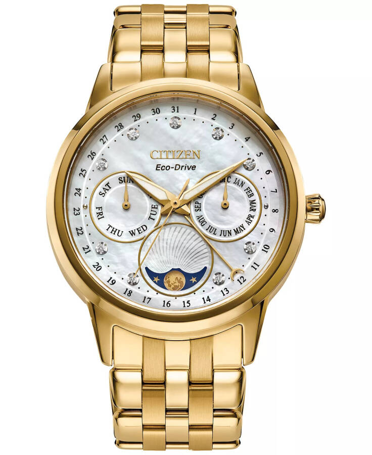 Eco-Drive Women's Calendrier Diamond-Accent Gold-Tone Stainless Steel Bracelet Watch 37mm Silver-tone - 1