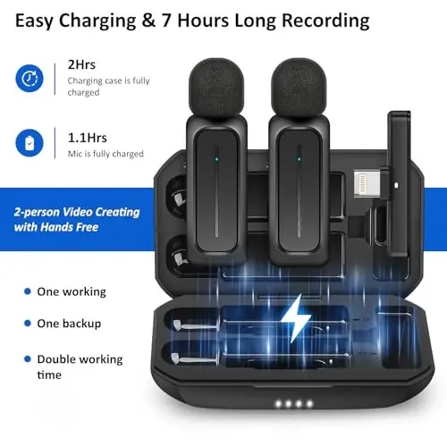 Ecomxia 2 Pcs Wireless Lavalier Microphone for iPhone iPad Android with Charging Case 7H Clip on Lapel Microphone Wireless for Video Recording Vlogging, YouTube, Interview, 3 Mode Denoise, 70ft - 5