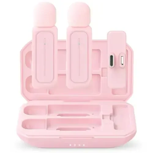 Ecomxia 2 Pack iPhone iPad Android uchun simsiz Lavalier mikrofon, zaryadlash qutisi bilan - 7 soatlik video yozish, Vlogging, YouTube, intervyu, 3 rejimli shovqinni kamaytirish uchun qisqichli mikrofon (pushti) 